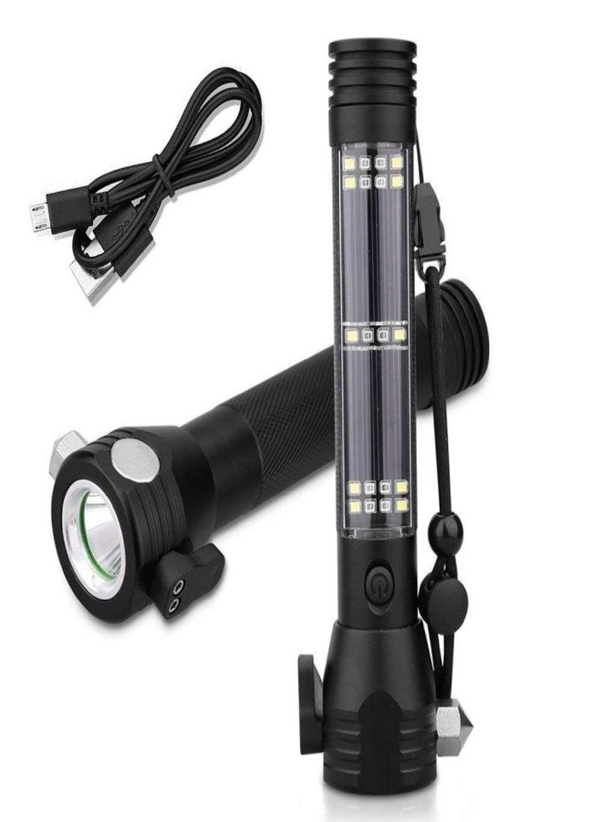 Tip&Top creation مصباح يدوي LED يعمل بالطاقة الشمسية قابل لإعادة الشحن من الألومنيوم من Tip&Top، بسبعة أوضاع إضاءة، مدى شعاع طويل، طاقة عالية، مزود بأداة أمان للطوارئ في السيارة للهروب، مطرقة لكسر النوافذ، قاطع حزام الأمان، بوصلة + كابل USB (أسود) - Image 1